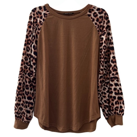 Leopard Print Brown Color Block Long Sleeve Top Blouse - Picture 1 of 6